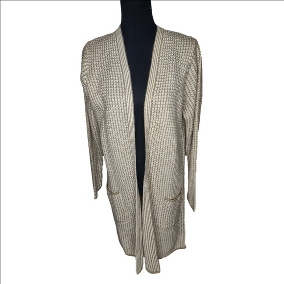 Fortune + Ivy tan and white long knit open cardigan with pockets, size L, NWOT - Picture 3 of 11